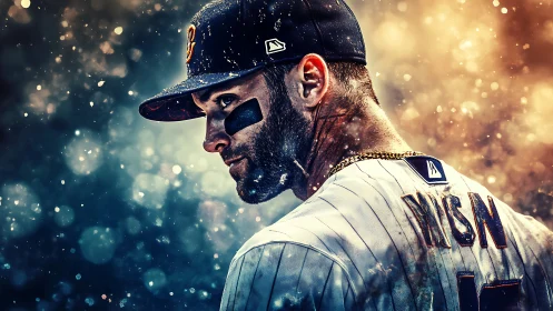 Focused baseball player stands ready in glittering stadium light