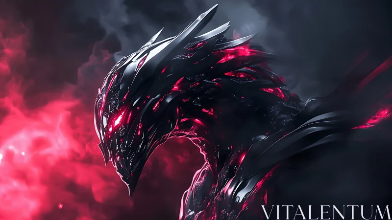 Midnight metal dragon glowing through crimson storm clouds.