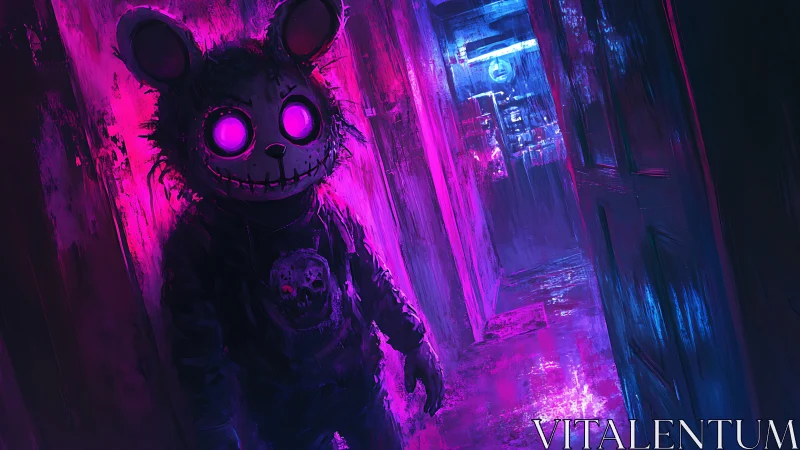 Neon eyed bunny masked figure haunts a glitching cyber hallway