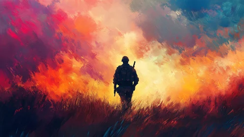 Solitary soldier silhouette stands against diffuse sunset sky