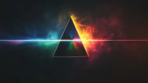 Prism triangle splitting horizontal light into color spectrum.