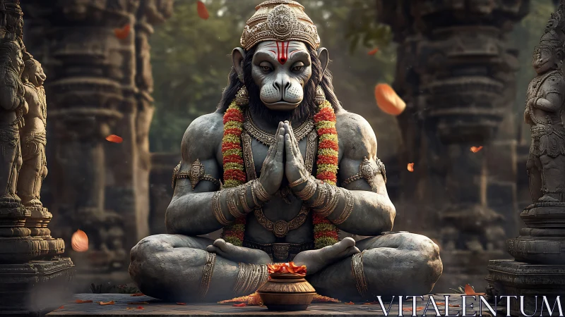 Serene Hanuman statue rests in prayer within an ancient temple