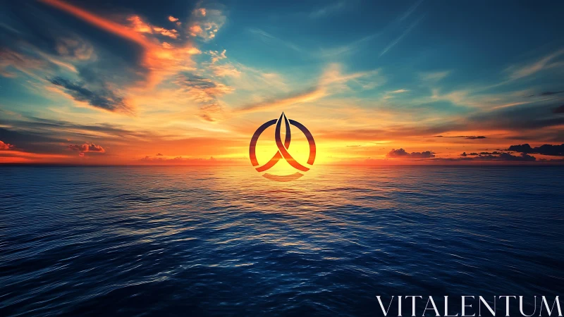Abstract emblem over open ocean at vivid sunset horizon.