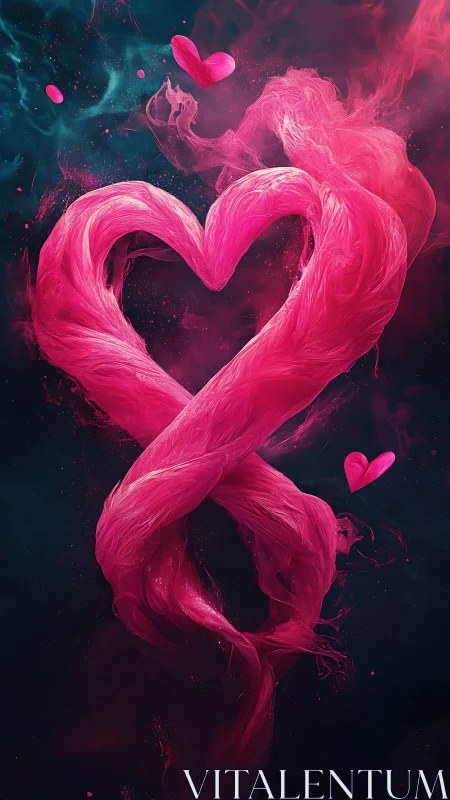 Neon Heart Shape Suspended in Fluid Pink Smoke Against Dark Cosmic Background