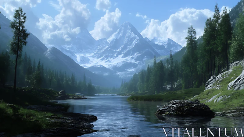 Snowcapped mountain rises over tranquil forest river valley