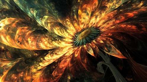 Fractal flower burst in warm orange and green tones.