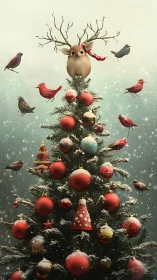 Christmas tree holds animal topper and birds in snowfall