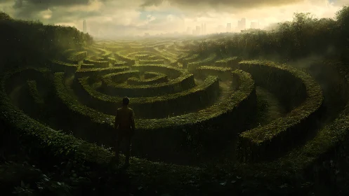 Solitary figure surveys vast misty hedge labyrinth at dusk.