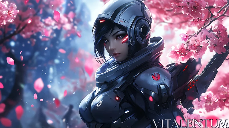 Cybernetic warrior stands among drifting cherry blossoms.