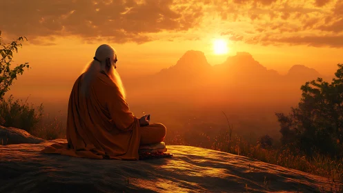 Sunset folds a meditating sage into molten mountain light