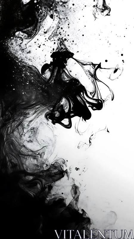 Ink vortex swirls through stark monochrome negative space.