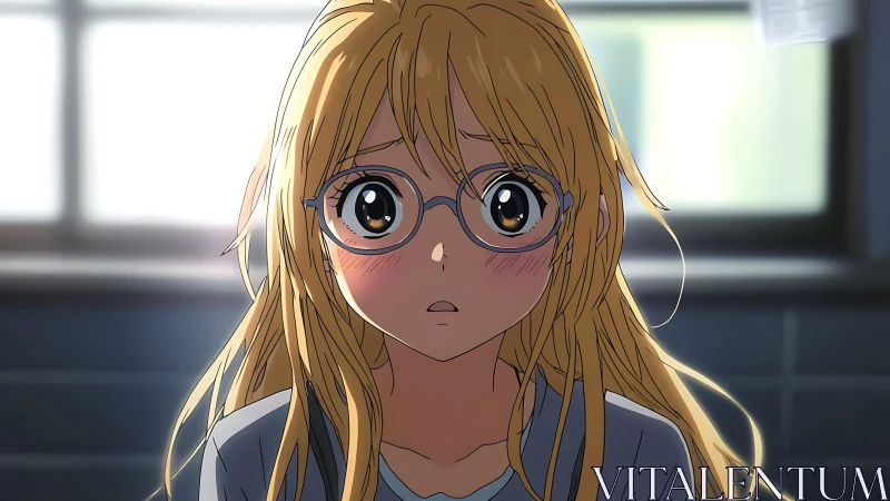 Blonde anime girl with glasses stares ahead in quiet shock.