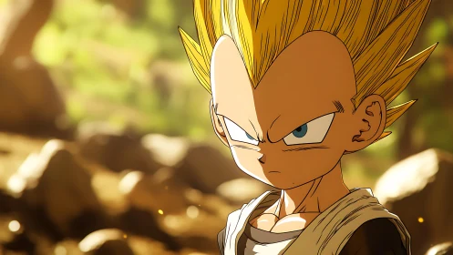 Anime warrior portrait under dramatic golden sunlight.