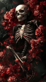 Human skeleton entwined with dense red flowers and vines.