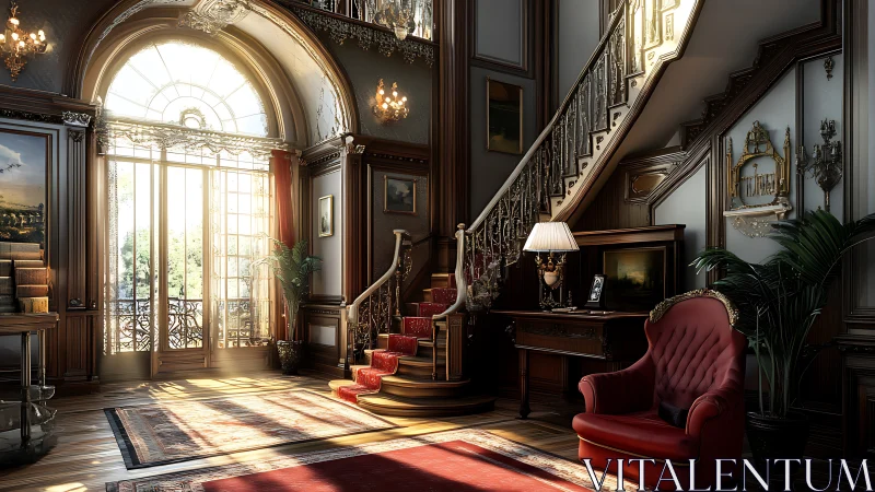 Morning gold tiptoes through a grand Victorian stair hall