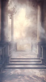 Stone colonnade with central stairway in dense atmospheric haze.