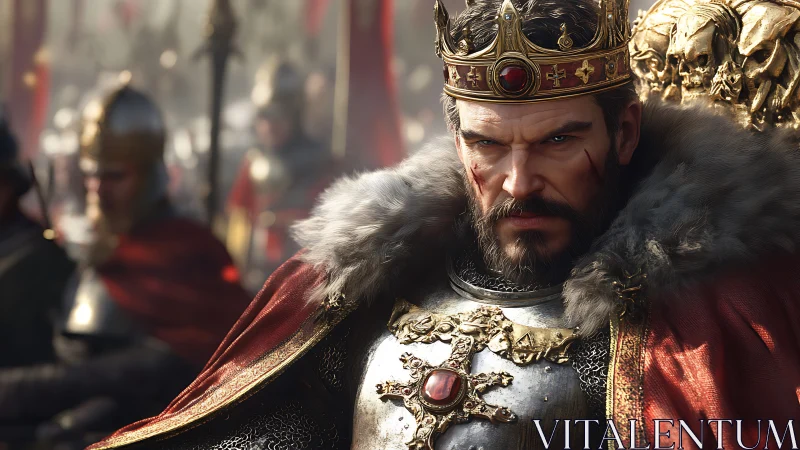 Battle-hardened medieval king stares forward in ornate armor
