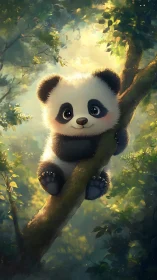 Panda cub daydreaming on a sunlit forest tree branch.