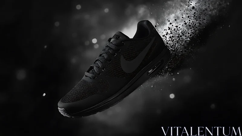 Black running shoe floats over dark bokeh dust burst