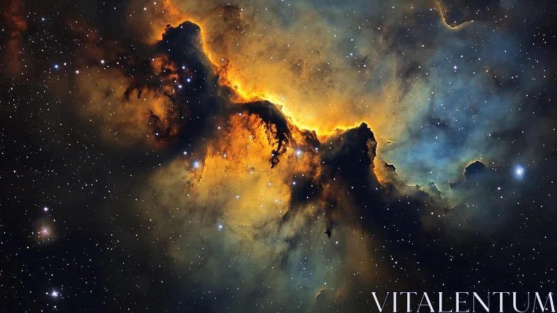 Glowing star-forming nebula with dark cosmic dust silhouette.