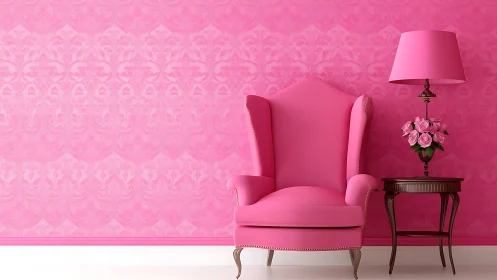 Pink armchair and lamp against patterned pink wall.