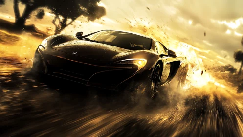 Black supercar racing through mud in golden sunset storm