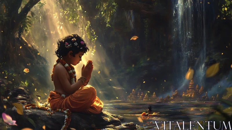 Young child praying by river in mystical forest light.