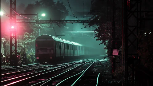 Passenger train on wet tracks under colored night lighting.