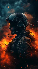 Digital painting profile of tactical soldier in inferno haze.