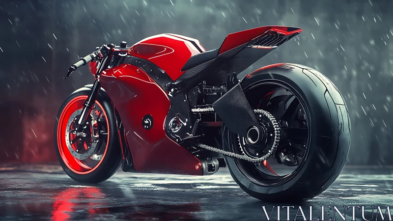 Red sport motorcycle in wet urban setting at night.