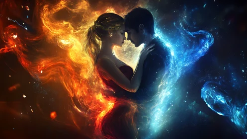 Silhouetted figure with contrasting fire and electricity energy effects