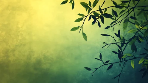 Graceful leafy branches across soft green-yellow glow.