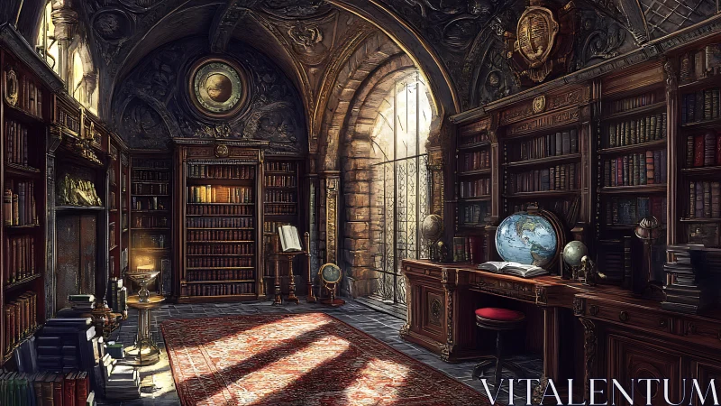 Sunlit gothic library with ornate globes and bookshelves.