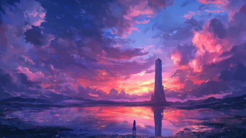 Dreamy sunset tower reflected in calm, glowing waters.