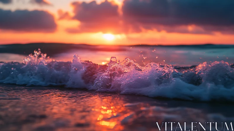 Sunset surf wave captured in sharp coastal close-up.