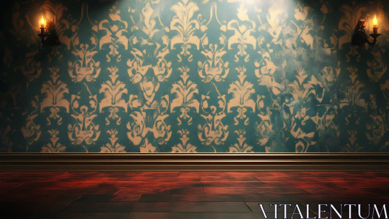 Vintage teal damask wall with candle sconces and wood floor.