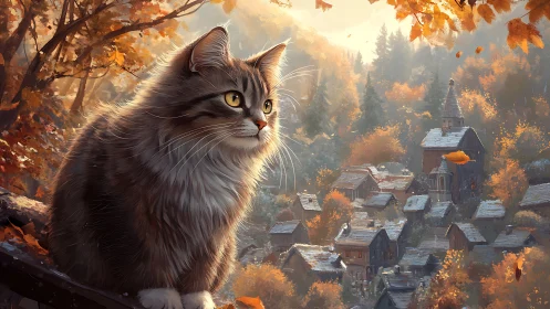 Whisker-Crowned Guardian Surveys Ancient Villages Below Autumn Splendor