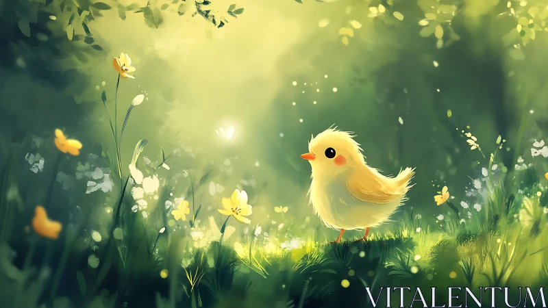 Small yellow chick in sunlit forest clearing environment.
