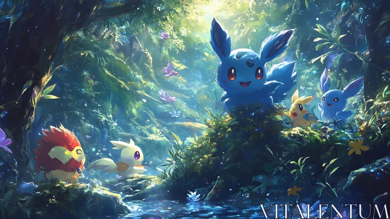 Joyful forest creatures share a glowing, magical riverside