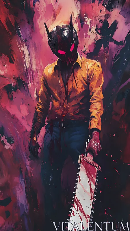 Masked chainsaw killer stalks through crimson chaos.