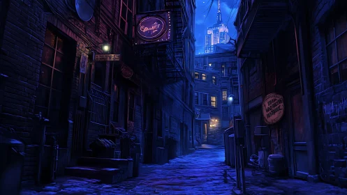 Nocturnal urban alleyway with neon signage and skyline glow.