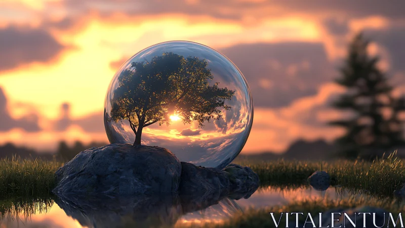 Sunlit tree encapsulated in glass sphere by tranquil water.