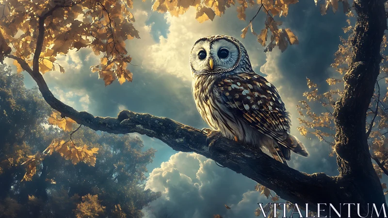 Majestic owl on autumn tree branch in dreamy, surrealist style.