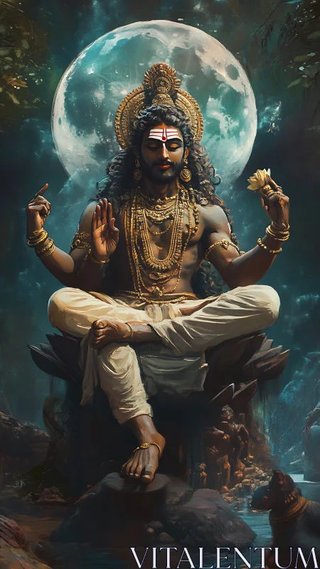 Divine yogic deity in moonlit forest, ornate gold adornments