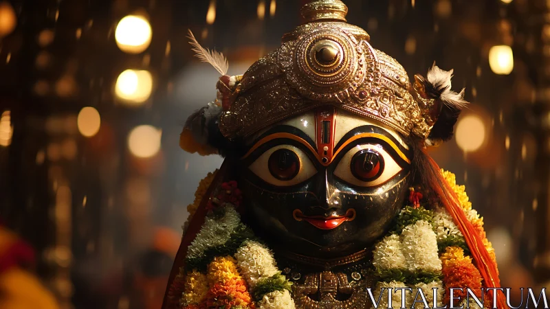 Ornate black deity idol with garlanded florals and bokeh lights