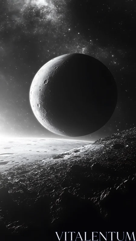 Lunar terminator eclipse over cratered foreground plane.