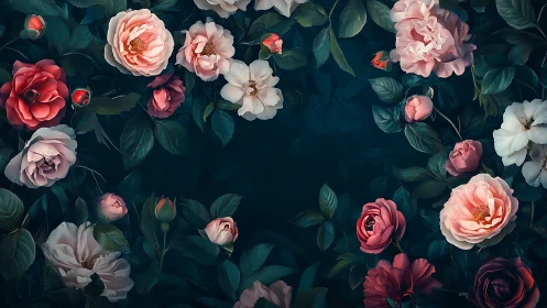 Multi-species floral composition with ranunculus, garden roses, and peonies on teal background. Bota