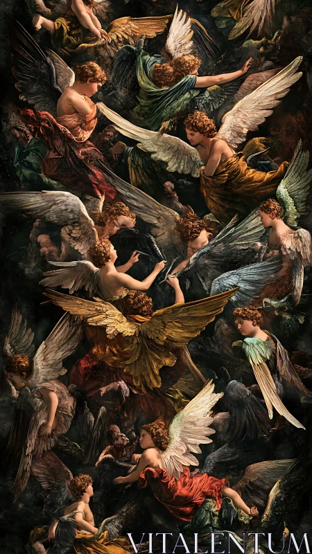 Golden-winged angels swirling through luminous dusk skies.