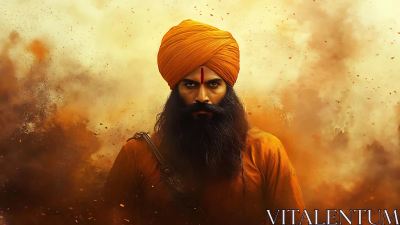 Bearded turbaned warrior in orange amid swirling dust.
