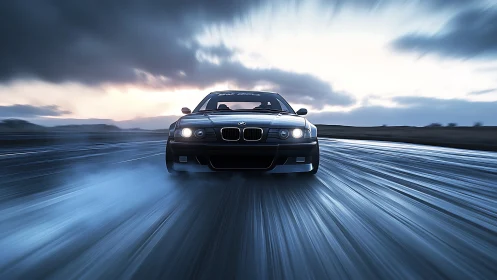 Sport coupe charges across wet road at dramatic dusk.